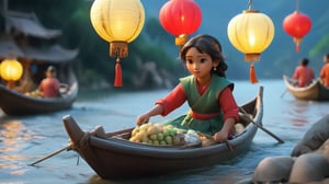 /create Prompt: Riverside scene with fishing boats. Villagers in traditional attire selling goods. Medium shot. Lanterns illuminate the water as boats glide gracefully.  -fps 24 -gs 16 -motion 1 -Consistency with the text: 20 -style: 3D Animation -ar 16:9