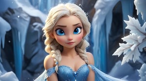  In a glacial landscape, amidst towering ice sculptures and delicate frost formations, Elsa, with her icy blue gown shimmering under the frosty sunlight, stands in a tilt-shift macro shot. Her platinum blonde hair cascades in intricate braids, adorned with tiny ice crystals that sparkle with every movement. The gown, resembling frozen waterfalls, drapes elegantly around her, reflecting the icy hues of her magical powers. In her hands, she holds a translucent snowflake, radiating a soft, ethereal glow that illuminates her serene expression. Her eyes, a deep glacier blue, gleam with determination as she harnesses her powers to create delicate ice sculptures around her, each one intricately detailed with delicate patterns of frost. The scene is a frozen wonderland, with icicles glistening in the foreground and distant snow-capped peaks under a clear, azure sky.