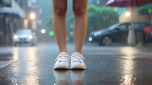 A Taiwanese girl thin body stands in the rain on a rainy street white shoes, full body
