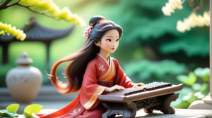 /create prompt: Macro tilt-shift photography, A miniature, An ancient Chinese woman in a flowing red dress with long, flowing hair sits on a stone bench in a palace garden, gently playing the guzheng. Her expression is focused and gentle. The garden is filled with blooming flowers and lush green trees, with a grand palace in the background. Morning sunlight filters through the leaves, softly illuminating her. captured in intricate detail through macro photography. super high quality, 8k, negative prompt: blur, unclear, modern elements. -camera rotate clockwise -fps 24 -gs 16 -motion 2 -style: HD movie -ar 16:9 seed:1234567899
