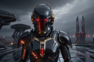 (masterpiece), (best quality), (mech-style droid with red glowing eyes and gleaming black skin of shining onyx black, body of layered black glass with gold trim), rain droplets bead and run off the armored surface, night time, epic fantasy rain and lightning storm, hourglass figure, ((firm breasts)), ultra detailed artistic photography, midnight aura, night sky, dreamy, glowing, glamour, glimmer, shadows, smooth, ultra high definition, 8k, unreal engine5, sharp focus, ominous, matte painting, symmetrical,Red mecha,science fiction
