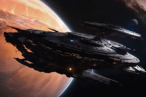 a starship moving through deep space, (((centered image, hyper realistic, midnight aura, ominous, dark moody lighting, dreamy, glowing, glamour, glimmer, shadows, smooth, ultra high definition, 8k, ultra sharp focus, intricate artwork, matte painting)))