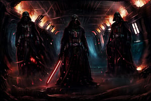 A mesmerizing, hyper-realistic portrait of Darth Nox, female Grand Inquisitor and Lord of the Sith, stands at the center of the frame, bathed in a pool of diffused backlight casting a warm, dreamy glow on her face. The dark, moody hallway of a Star Destroyer's interior provides a somber backdrop for this stunning study in darkness. Her double-bladed pole saber is gripped in her left hand horizontally to the floor, its crimson hue reflecting off the smooth walls and near-floor lighting, creating an eerie ambiance. The subject is posed in combat meditation, exuding confidence and power as she stands tall, with intricate details of her armor and surroundings rendered in ultra-high definition (8K) and sharp focus, resembling a masterpiece of photorealistic art.