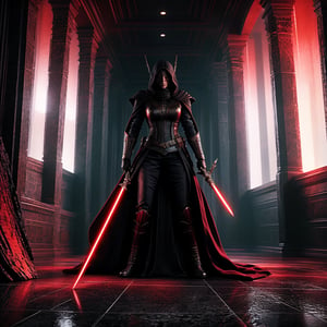 Darth Nox, female Grand Inquisitor and Lord of the Sith, stands majestically at the center of the frame, bathed in a warm, diffused backlight that casts a dreamy glow on her face. The dark, moody hallway's somber backdrop provides a striking contrast to her imposing figure. Her double-bladed pole saber rests horizontally across the floor, its crimson hue reflected off the smooth walls and near-floor lighting, casting an eerie ambiance. With combat meditation, she exudes confidence and power as she stands tall, her intricate armor and surroundings rendered in ultra-high definition (8K) and sharp focus, resembling a masterpiece of photorealistic art.