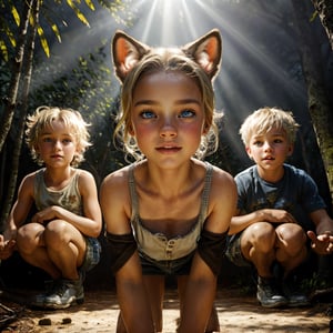 (((masterpiece))), (((best quality))), (((centered image))), (((Full Body portrait, wide angle shot))), (((hyper realistic))), (((a group of 3 human-wolf hybrid girl children with blond hair and blue eyes and 3 human-wolf hybrid boy children playing in the forest just outside of a modern looking den style home))), (((happy facial expressions, light blue eyes, plump full moist lips, fit physique, perfect body and limb proportions))), (((sweaty, grimey, dirty))), (((centered image, hyper realistic, full body, wide angle shot, three quarter view, natural light source, god rays, diffused back lighting, day time, dreamy, glowing, glimmer, shadows, smooth, ultra high definition, 8k, ultra sharp focus, intricate artwork, matte painting))),AIDA_LoRA_AnC,chores, 