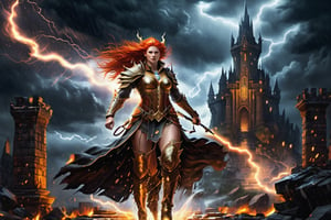 (((masterpiece))), (((best quality))), ((A mostly nude beautiful, slim very fit, very long fiery red haired nordic goddess flying in mid air above the ruins of a medieval castle wearing black and gold  impractical female armor with viking knot work, loose furs and fur boots, Viking armor motif)), ((over the parapits during an epic lightning and rain storm, lightning flashing across the night sky showing the bodies of the many defeated warriors below)), ((visible wet blood spatter, visible lacerations, sweaty skin, gleaming, shining)), a look of determination on her face, hourglass figure, (large firm breasts), night skies, fantasy rainstorm, lightning in the night sky, ultra detailed, midnight aura, night sky, dreamy, glowing, glamour, glimmer, shadows, oil on canvas, smooth, ultra high definition, 8k, unreal engine 5, ultra sharp focus, intricate artwork, matte painting, symmetrical, DonMASKTexXL ,more detail XL,breasts cutout clothing,LegendDarkFantasy