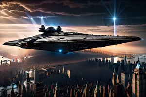 a massive stardestroyer moving above Manhattan New York, (((centered image, hyper realistic, midnight aura, ominous, dark moody lighting, shadows, smooth, ultra high definition, 8k, ultra sharp focus, intricate artwork, matte painting))),SD 1.5