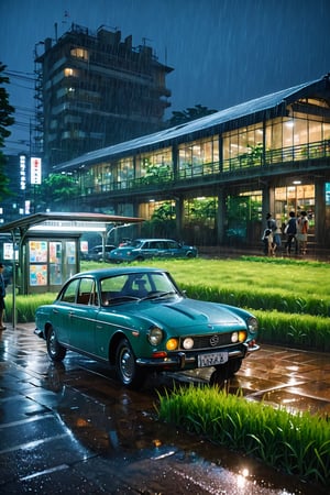 In the grass at night, with a public car station, under the rain, with lights, with buildings, with many people, with the shadows of the forest, with the sunshine, with the style of Miyazaki Hayao, with the style of the cardong