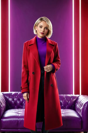 girl, red wool coat, pretty face, short hair, blonde hair, (photo reality: 1.3) , Edge lighting, (high detail skin: 1.2) , 8K Ultra HD, high quality, high resolution, fit body ,the best ratio of four fingers and a thumb, (photo reality: 1.3) , wearing a purple coat, white shirt inside, big chest, solid color background, solid red background, advanced feeling, texture full, 1 girl,  , background empty room setting in sofa , Realistic, 
