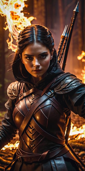 The image shows a girl who looks like an archer. The girl wears dark leather armor, and she has a hood that partially hides her face, adding mystery to the image. A quiver of arrows is visible on the back. The character is holding a curved bow in his hands, and he can be seen pulling the string, preparing to make a shot. A flame of fire on the background that illuminates the scene, creating a dramatic and tense mood. The composition of the image and the style resemble the aesthetics of an epic fantasy. Game of thrones, background big snake giant, black colour,  fighting_stance fight adventure, suspense thriller, v-shaped eyebrows, kirameki high school uniform