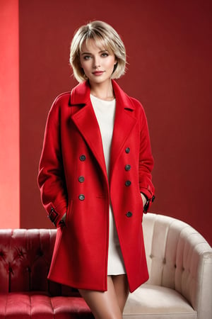 girl, red wool coat, pretty face, short hair, blonde hair, (photo reality: 1.3) , Edge lighting, (high detail skin: 1.2) , 8K Ultra HD, high quality, high resolution, the best ratio of four fingers and a thumb, (photo reality: 1.3) , wearing a red coat, white shirt inside, big chest, solid color background, solid red background, advanced feeling, texture full, 1 girl,  , background empty room setting in sofa , Realistic, 