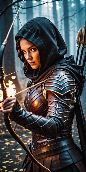 The image shows a girl who looks like an archer. The girl wears dark leather armor, and she has a hood that partially hides her face, adding mystery to the image. A quiver of arrows is visible on the back. The character is holding a curved bow in his hands, and he can be seen pulling the string, preparing to make a shot. A flame of fire on the background that illuminates the scene, creating a dramatic and tense mood. The composition of the image and the style resemble the aesthetics of an epic fantasy. Game of thrones, background big snake giant, black colour,  fighting_stance fight adventure, suspense thriller, 