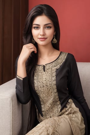 Beautiful Pakistani girl 20 year old young attractive, skinny, fitness, brown massy hair, young and attractive face , the best ratio of four fingers and a thumb,  wearing a black kurta and blue plain Jens , (photo realistic:1.3) high quality image, 4K , best VFX , chromatic_background room , sofa  
