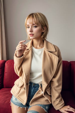 girl, red wool coat, pretty face, short hair, blonde hair, (photo reality: 1.3) , Edge lighting, (high detail skin: 1.2) , 8K Ultra HD, high quality, high resolution, the best ratio of four fingers and a thumb, (photo reality: 1.3) , wearing a red coat, white shirt inside, big chest, solid color background, solid red background, advanced feeling, texture full, 1 girl, , background empty room setting in sofa , Realistic,