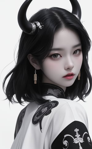 A stunning Korean-inspired cyborg demon woman stands proudly on a floor, adorned in lace clothing and white high-tech crop jacket, contrasting with the dark allure of her black sexy cheongsam. Her piercing black eyes fix intently on something in the distance, as intricate long horns (1.7 meters) .Minimal color palette dominates the scene, save for the hint of white background and subtle weapon details, all captured in breathtaking 8K photo-realism. Her beauty is enhanced by a serious, ultra-focused expression, as if ready to unleash her inner power., beautiful girl