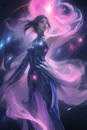 an amazing 3D anime-style illustration with beautiful woman, true woman anatomy, ultra detail, robot matirial arrow the space, where a galactic nebula takes the form of a giant male figure. With a splendid play of black and violet-pink colors, this cosmic entity gracefully unfolds its arms, shaping and creating new solar systems in the vast universe. woman si-fi dress, korea face structure. The male silhouette highlights the majesty and power of this galactic being while bringing cosmic creation to life with elegant and determined movements, rainbow flare and lighting.
,DonM3l3m3nt4l