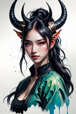 Create a detailed close-up illustration capturing the essence of a buffolo horns, drawing inspiration from rossdraws, side_ponytail,fantasy artwork, and the aesthetics of a black horns. Frame the artwork with a black panel, emphasizing luminescent elements, and infused with the unique style of Brittney Lee, centered, korea face structure, splash ink, coloring with green, cyber wearing, techwear clothes.

abstact, beautiful girl,asian cute,evil girl,Long Intricate Horns