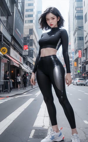 A stunning cyborg beauty stands tall in a futuristic cityscape at dusk. She wears high-tech armor and sports gear, with a flowing bob-like hairstyle resembling Solit's signature style. Her toes are elegantly showcased, adorned by gleaming metallic plates. Beautiful hands and legs are highlighted by a subtle gradient of metal and human skin. Gear-eye implants sparkle on her forehead as she wields a sleek cyber sword at her side. The villainous cyborg's sneaker-clad feet grip the ground firmly, exuding confidence. Randomized body postures create an intriguing sense of dynamism. In the background, a cityscape unfolds with neon-lit skyscrapers and holographic advertisements. High-detail rendering in 8K resolution captures every subtle texture and nuance of this futuristic beauty.
gear eye, have cyber sword,evil girl,
cyber sneaker, sport shoes, big shoes
,random body post,
 strong armmor, round armmor
perfect woman body, robot path of human
High Detail, 8k, realistic, white space

