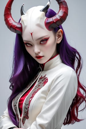 Beautiful Girl,Korea Face Structure, Realistic, Carved Porcelain cyborg albino Demons Woman, (Long Intricate Horns:1.7),Purple and Red Horn, High Details Balck Eyes, Actions Moods, Sit proud on the Floor, Glamor body type, Soilder Clothes, White Hightec Crop Jacket, Black Sexy cheongsam, (A hand opened the skirt to reveal the woman's voluptuous bottom), Weapon and Techwear, Minimal Color with Half Color with White Background, Serious Face, Ultra Focus, Ultra 8K, Photo Realistic, Beautymix, FilmGirl
,girl