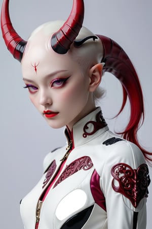 Beautiful Girl,Korea Face Structure, Realistic, Carved Porcelain cyborg albino Demons Woman, (Long Intricate Horns:1.7),Purple and Red Horn, High Details Balck Eyes, Actions Moods, Stand proud on the Floor, Sexy Post, Glamor body type, Soilder Clothes, White Hightec Crop Jacket, Black Sexy cheongsam, Show more body and skin, Weapon and Techwear, Minimal Color with Half Color with White Background, Serious Face, Ultra Focus, Ultra 8K, Photo Realistic, Beautymix, FilmGirl
,girl
