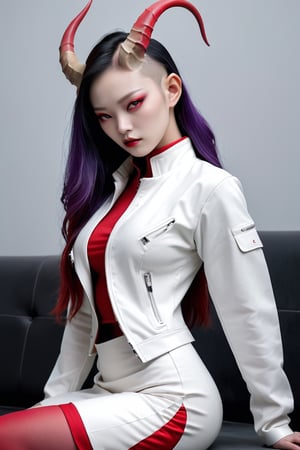 Beautiful Girl,Korea Face Structure, Realistic, Carved Porcelain cyborg albino Demons Woman, (Long Intricate Horns:1.7),Purple and Red Horn, High Details Balck Eyes, Actions Moods, Sit proud on the Floor, Glamor body type, Soilder Clothes, White Hightec Crop Jacket, Black Sexy cheongsam, (A hand opened the skirt to reveal the woman's voluptuous bottom), Weapon and Techwear, Minimal Color with Half Color with White Background, Serious Face, Ultra Focus, Ultra 8K, Photo Realistic, Beautymix, FilmGirl
,girl
