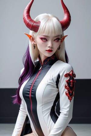 Beautiful Girl,Korea Face Structure, Realistic, Carved Porcelain cyborg albino Demons Woman, (Long Intricate Horns:1.7),Purple and Red Horn cheongsam, High Details Balck Eyes, Actions Moods, Sit proud on the Floor, Glamor body type, Soilder Clothes, White Hightec Crop Jacket, Black Sexy One-Piece Swimsuit, Weapon and Techwear, Minimal Color with Half Color with White Background, Serious Face, Ultra Focus, Ultra 8K, Photo Realistic, Beautymix, FilmGirl
,girl
