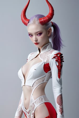 Beautiful Girl,Korea Face Structure, Realistic ,full body, Carved Porcelain cyborg albino Demons Woman, NSFW, (Long Intricate Horns:1.7),Purple and Red Horn, High Details Black Eyes, Actions Moods, Stand proud on the Floor, Sexy Post, Glamor body type, lace Clothes, White Hightec Crop Jacket, Black Sexy cheongsam, Show more body and skin, Weapon and Techwear, Minimal Color with Half Color with White Background, Serious Face, Ultra Focus, Ultra 8K, Photo Realistic, Beautymix, FilmGirl
,girl,Beautiful,a Girl