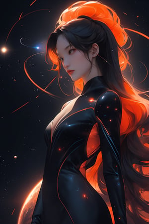 an amazing 3D anime-style illustration with beautiful woman, raodom posting, true woman anatomy, ultra detail, robot matirial arrow the space, where a galactic nebula takes the form of a giant male figure. With a splendid play of black and red-orange colors, this cosmic entity gracefully unfolds its arms, shaping and creating new solar systems in the vast universe. woman si-fi dress, korea face structure. The male silhouette highlights the majesty and power of this galactic being while bringing cosmic creation to life with elegant and determined movements, rainbow flare and lighting.

,xyzabcplanets,Celestial Skin ,Beautiful