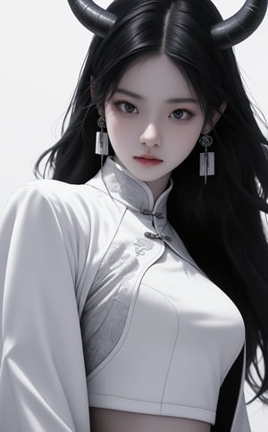 A stunning Korean-inspired cyborg demon woman stands proudly on a floor, adorned in lace clothing and white high-tech crop jacket, contrasting with the dark allure of her black sexy cheongsam. Her piercing black eyes fix intently on something in the distance, as intricate long horns (1.7 meters) .Minimal color palette dominates the scene, save for the hint of white background and subtle weapon details, all captured in breathtaking 8K photo-realism. Her beauty is enhanced by a serious, ultra-focused expression, as if ready to unleash her inner power., beautiful girl