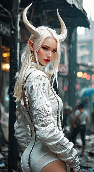 Beautiful Girl, Realistic, Carved Porcelain cyborg albino Demons Woman, (Long Intricate Horns:1.4), White Horn With Smokeing, High Details Balck Eyes, Black Moods, Stand proud on the Floor, Glamor body type, Soilder Clothes, White Hightec Crop Jacket, Black Sexy One-Piece Swimsuit, Weapon and Techwear, High Details of Cyber City are Background, Shy Smile, Ultra Focus, Photo Realistic, Beautymix, FilmGirl