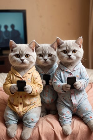 three cute British shorthair kittens wearing pajamas and holding phones in their hands, sitting on the bed watching TV in soft light with warm colors in the style of high definition photography. Cute expressions with a warm bedroom background and warm color tones with soft lighting and cute facial features.
