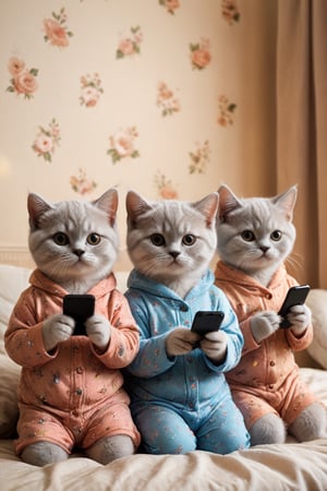 three cute British shorthair kittens wearing pajamas and holding phones in their hands, sitting on the bed watching TV in soft light with warm colors in the style of high definition photography. Cute expressions with a warm bedroom background and warm color tones with soft lighting and cute facial features.
