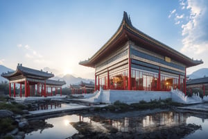 (8k, best quality, top level: 1.1), wide-angle lens:1.1,traditional architecture, high mountains and white clouds, clouds, ((Traditional Chinese Pavilion)), pilgrim,morning glow, sunrise, background, flowing water and detailed elements below. Desert