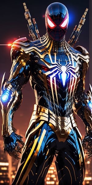 Angry spiderman mecha robo soldier character, anthropomorphic figure, wearing futuristic mecha soldier armor and weapons, reflection mapping, realistic figure, hyperdetailed, cinematic lighting photography, 32k uhd with a golden staff, red lighting on suit, 

By: panchovilla,mecha,LegendDarkFantasy