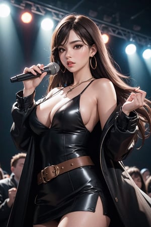 1girl, solo, drink beer,long hair, breasts, Stage lighting（1.6）,cyberpunk,handheld ,complete body, at viewer, large breasts, brown hair, black hair, dress, full-body shotholding, cleavage, bare shoulders, jewelry, earrings, parted lips, belt, necklace, black eyes, black dress, coat, microphone, realistic, holding microphone,1 girl,Young beauty spirit ,Best face ever in the world,More Detail,JeeSoo , 8k