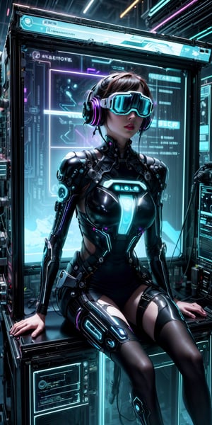 futuristic computer user interface, intense hacker girl sitting in front her hologram computer, floating infographic hologram, glowing holographic neural network, data network flowing, bokeh, bloom, bioluminescentdynamic pose,sci-fi goggles, earphone
, hyperrealistic photography, wide shot, , style of unsplash and National Geographic,Movie Still,cyberpunk style,neon photography style,cyberpunk