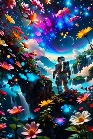 ((1 man)),Astronauts,Focus on Men,Airplane cloud made of flowers,Magic flowers Forest,starry Night sky, moon, fireflies, waterfalls, 
(Masterpiece, Best Quality, 8k:1.2), (Ultra-Detailed, Highres, Extremely ,Strong Backlit Particles,astronaut_flowers,Zoom Astronaut, Ultra HD, Big Astronaut