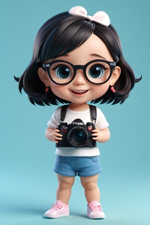 A Cute cartoon style of a baby girl With a SLR camera in his hand, the camera in his hand,with a smile on the front, wearing a white crop top with the text "TIANXIASHEIRENBUSHIJUN" in a heart shape and dark hair, wearing glasses, fashion, text 3D rendering, product, cinematic, fashion, anime, 3d render, poster, photo, painting, illustration, typography