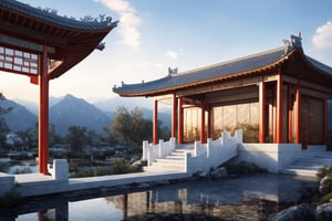 (8k, best quality, top level: 1.1), wide-angle lens:1.1,traditional architecture, high mountains and white clouds, clouds, ((Traditional Chinese Pavilion)), pilgrim,morning glow, sunrise, background, flowing water and detailed elements below. Desert