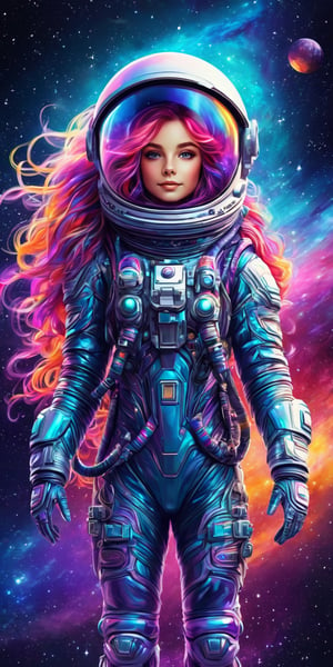 StunningDigital drawing of a beautiful, cute, attractive magical fantasy astronaut, Big colorful long hair on the helmet, with visible whole body, Tight astronaut suit, Stardust, Background galaxy, Ultra high quality clarity,