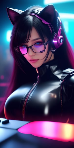 DJ, busty, long hair, black hair, blue eyes, glasses, anatomic face, pale skin, cat ears. cyber cat ears, cyberpunk clothes 4k, hyper realistic, ultra detailed, hdr, sharp, dynamic lightings, DJ pult in the foreground, club in the backround, neon light in the background, neon ambiance, abstract black oil, gear mecha, detailed acrylic, grunge, intricate complexity, rendered in unreal engine, photorealistic