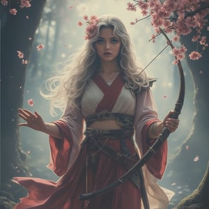 A powerful depiction of Miya Suzuhime standing in a misty Japanese forest. She is an elegant archer with long silver-white hair, adorned with a flower and ribbon, symbolizing elegance and royalty. Her soft expression, with large blue eyes, reflects determination and confidence. She wears a traditional kimono in red, white, and black with intricate obi details. In her hand, she holds a mystical bow, representing purity and spirituality, giving her the appearance of a priestess. Cherry blossoms gently fall around her, enhancing the serene yet powerful atmosphere. art by Yuri Shwedoff. Virtual19,1986 Japanese Anime Movie Poster.