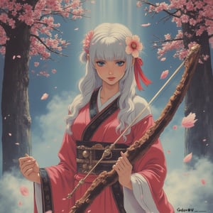 Wide angle : 
Dynamic pose: 
A powerful depiction of Miya Suzuhime standing in a misty Japanese forest. She is an elegant archer with long silver-white hair, adorned with a flower and ribbon, symbolizing elegance and royalty. Her soft expression, with large blue eyes, reflects determination and confidence. She wears a traditional kimono in red, white, and black with intricate obi details. In her hand, she holds a mystical bow, representing purity and spirituality, giving her the appearance of a priestess. Cherry blossoms gently fall around her, enhancing the serene yet powerful atmosphere. art by Yuri Shwedoff. Virtual19,1986 Japanese Anime Movie Poster.