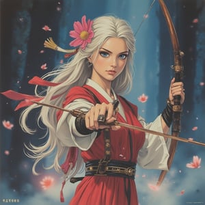 A powerful depiction of Miya Suzuhime standing in a misty Japanese forest. She is an elegant archer with long silver-white hair, adorned with a flower and ribbon, symbolizing elegance and royalty. Her soft expression, with large blue eyes, reflects determination and confidence. She wears a traditional kimono in red, white, and black with intricate obi details. In her hand, she holds a mystical bow, representing purity and spirituality, giving her the appearance of a priestess. Cherry blossoms gently fall around her, enhancing the serene yet powerful atmosphere. art by Yuri Shwedoff. Virtual19,1986 Japanese Anime Movie Poster.