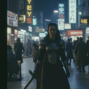 A woman in cyber-enhanced armor strides through an ancient city's neon-lit streets. Her braided hair flows as she grips a glowing sword, blending vintage armor with high-tech power. Towering cyberpunk  and holograms flicker around her, the scene soaked in analog film grain and muted colors. Analoquer, Film_19