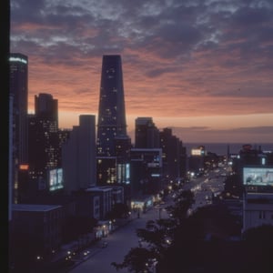 A sprawling cyberpunk cityscape at sunset, where neon-lit buildings tower over the streets. A small, worn house stands at the edge, surrounded by tall, flickering power lines and digital billboards. Trees with glowing leaves line the streets, and distant ocean reflections shimmer beneath the vibrant sky of orange and purple. Captured in a gritty Kodak 200 film style, the scene is enhanced by a grainy, analog film scan texture, blending the vintage aesthetic with the futuristic setting. Virtual19, Analoquer,Film_19