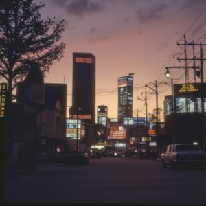 A sprawling cyberpunk cityscape at sunset, where neon-lit buildings tower over the streets. A small, worn house stands at the edge, surrounded by tall, flickering power lines and digital billboards. Trees with glowing leaves line the streets, and distant ocean reflections shimmer beneath the vibrant sky of orange and purple. Captured in a gritty Kodak 200 film style, the scene is enhanced by a grainy, analog film scan texture, blending the vintage aesthetic with the futuristic setting. Virtual19, Analoquer,Film_19