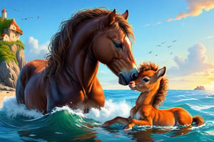 Create a highly detailed, 8K resolution illustration, Renaissance-style . A mare and her newborn foal. In an island shore.,Enhance,Movie Poster. The mare licks the foal. Mare interacts with foal. Mare bends his neck and touches the foal head. Extreme texture skin, detailed hair.  mare licking the foal