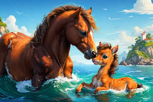 Create a highly detailed, 8K resolution illustration, Renaissance-style . A mare and her newborn foal. In an island shore.,Enhance,Movie Poster. The mare licks the foal. Mare interacts with foal. Mare bends his neck and touches the foal head. Extreme texture skin, detailed hair.  mare licking the foal