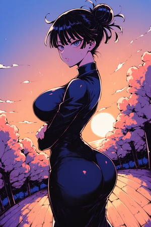 score_9, score_8_up,score_7_up, score_6_up, close-up, (best quality, amazing quality, very aesthetic, absurdres), Fubuki One Punch Man, 1girl, ass, solo, hair bun, black hair, drees, black dress, tight clothes, big breasts, big ass, looking at viewer, three quarter view, ass focus, from above, sakura trees, sunset, big sun, wooden wallchromatic aberration, high contrast, neon palette, more detail XL, score_9_up,archi-ultraviolet-style